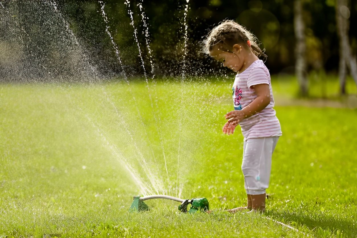 A young child watches water spray from a garden sprinkler on grass.