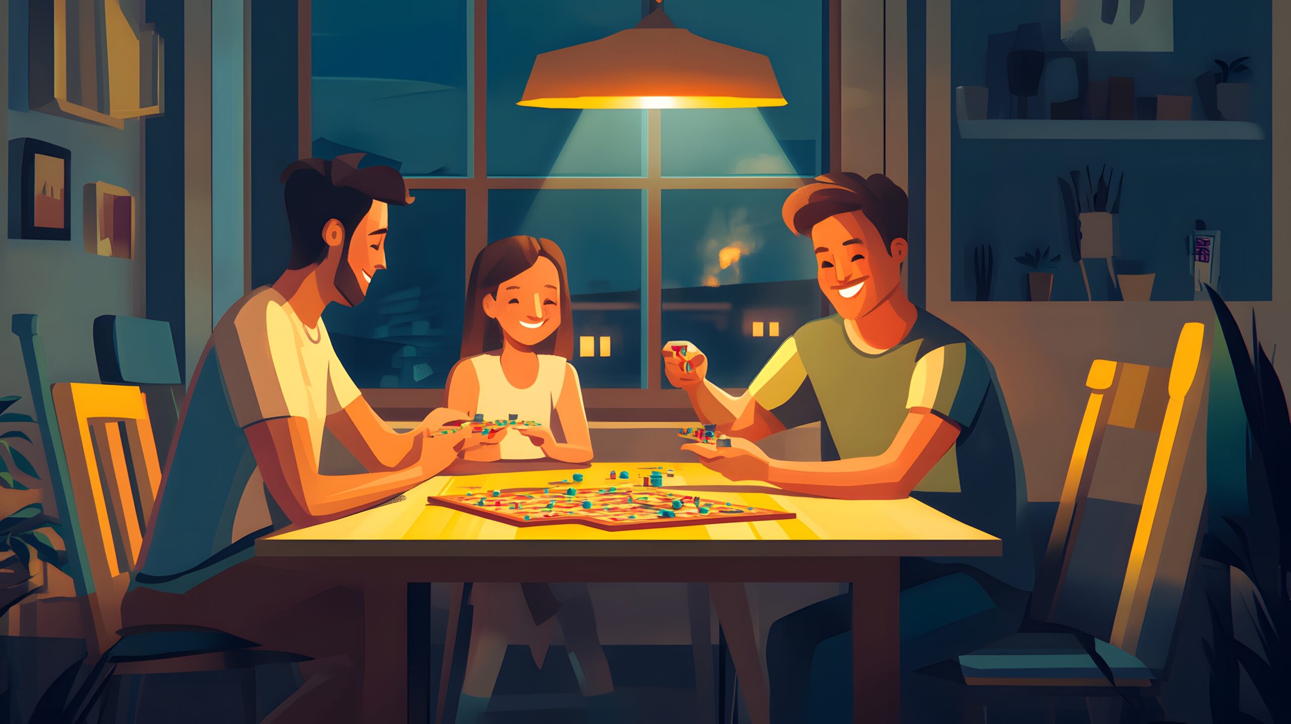 Family enjoying a board game night around the table.